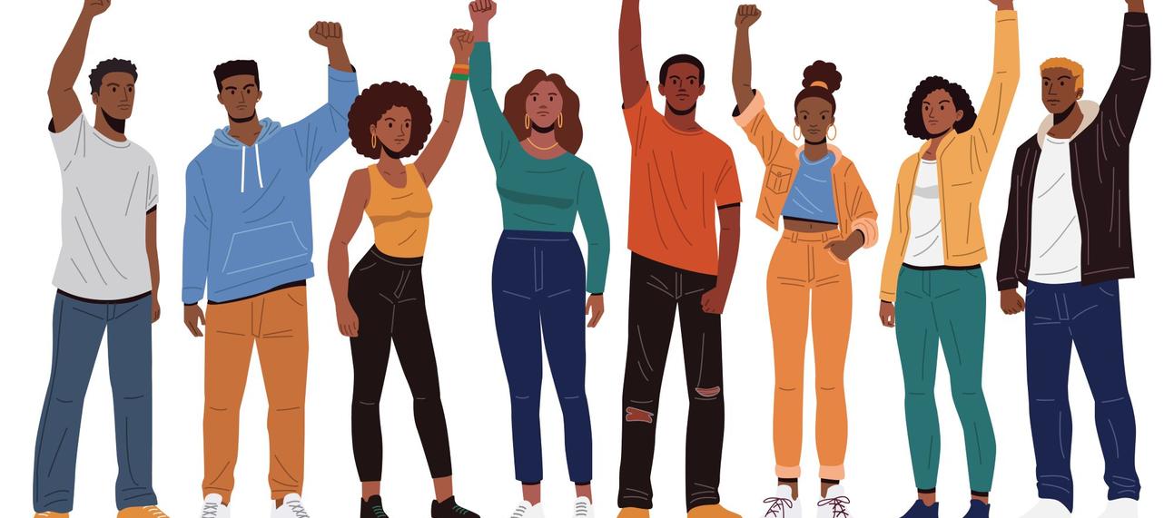 An illustration of young Africans standing together, each raising a clenched fist in the air. They wear casual clothing in various colours. Credit: stock.adobe.com / rexandpan