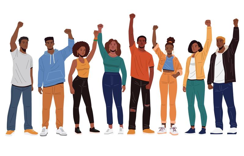An illustration of young Africans standing together, each raising a clenched fist in the air. They wear casual clothing in various colours. Credit: stock.adobe.com / rexandpan