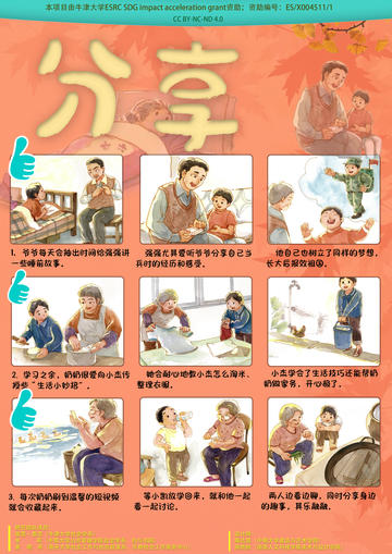 An image of a board game to consolidate learning and encourage quality time between grandparents and grandchildren. There are 9 illustrations depicting different activities together.