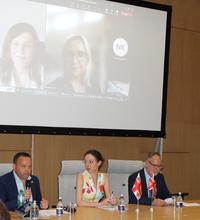 Georgia UK partnership panel. From left: Professor Christopher Gerry, Megi Kartsivadze, and Professor Dan Healey. On screen from left: Tamar Tsuleiskiri, Salla Nazarenko, and Erekle Astakhishvili