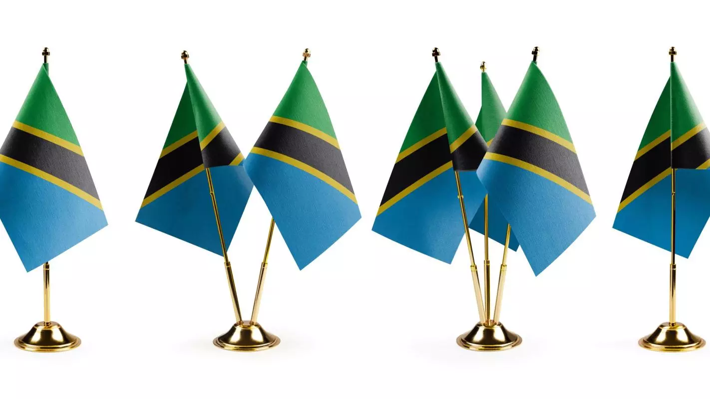 A row of small Tanzanian flags on flagpoles. The Tanzanian flag has an upper section of green and a lower section of blue, with a diagonal black line crossing through the middle outlined in yellow.
