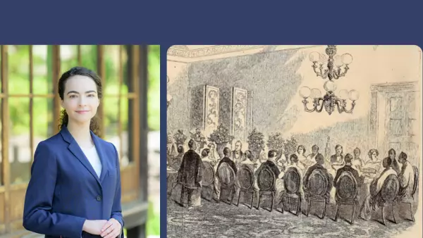 natalia doan has long dark hair and wearing a smart white top with royal blue jacket. The image also includes a black and white sketch of about 15 people sitting on chairs around a large table. A chandelier is hanging from the ceiling above the table. 