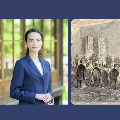 natalia doan has long dark hair and wearing a smart white top with royal blue jacket. The image also includes a black and white sketch of about 15 people sitting on chairs around a large table. A chandelier is hanging from the ceiling above the table. 